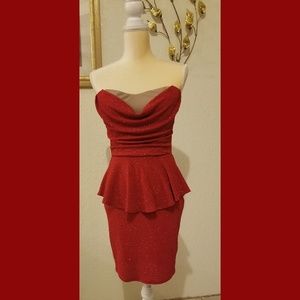 Red glittery strapless dress